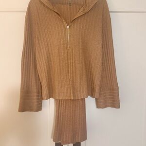 Brown Ribbed Knit Sweater Set